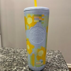 Starbucks Light Blue Tumbler with Yellow Floral Accents